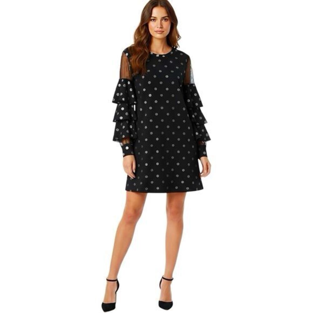 New Collection Dress Sz Medium Polka Dots Shimmer Ruffle Sleeve Mesh Futuristic